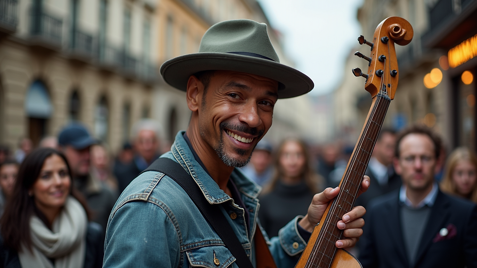 Eye-level view of a vibrant street musician performing for an audience