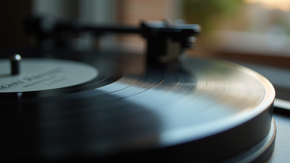 Close-up view of a vinyl record showcasing intricate grooves