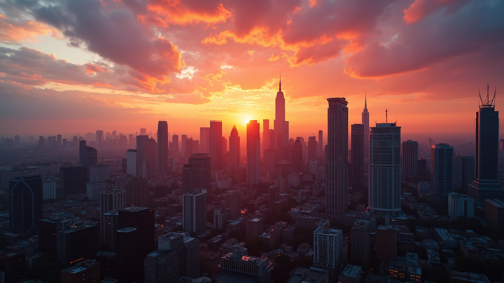 Eye-level view of a vibrant city skyline at sunset