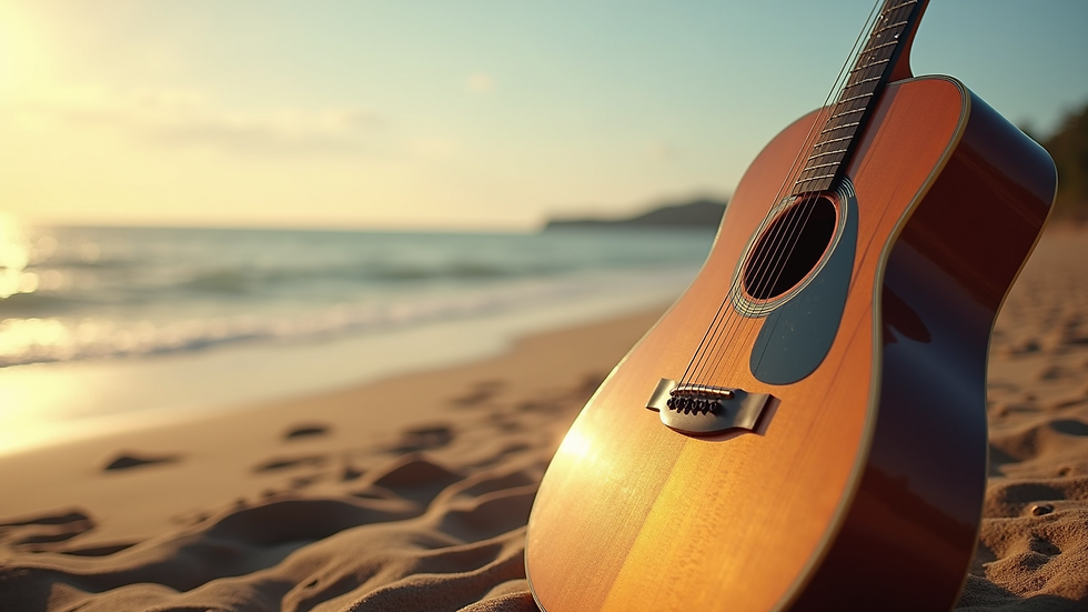 High angle view of an acoustic guitar resting against a sunny beach background