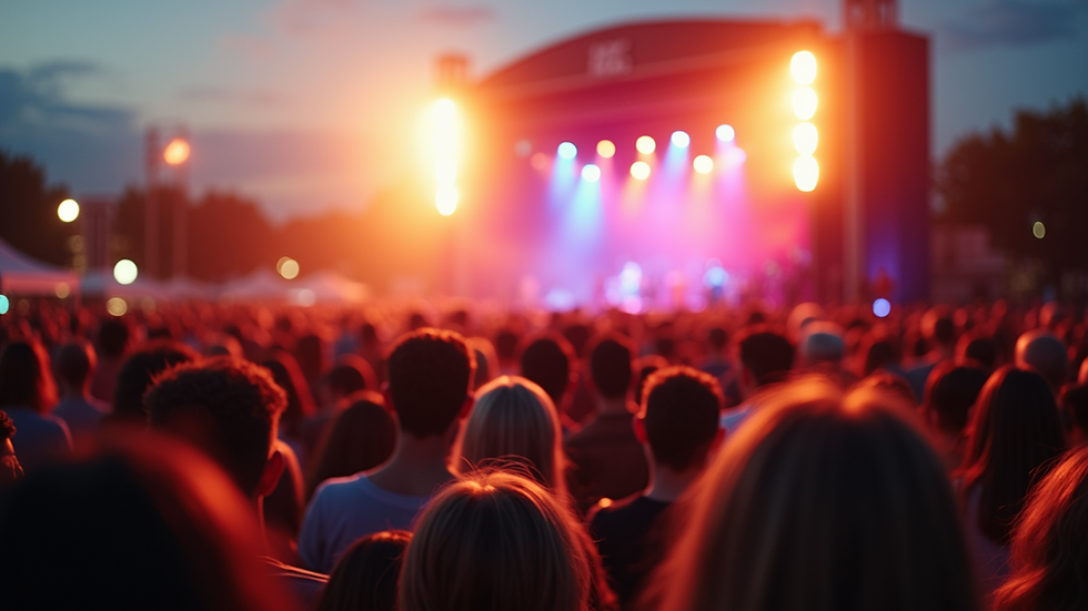 Wide angle view of a lively outdoor concert with an enthusiastic crowd