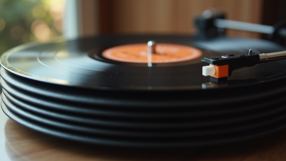 Eye-level view of various vinyl records stacked on top of each other