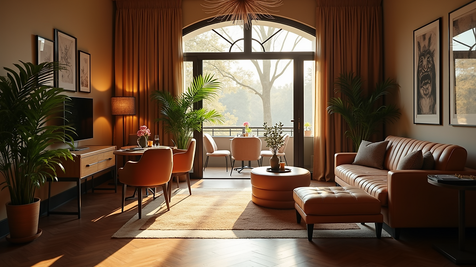 Wide angle view of a hotel's elegant lounge area