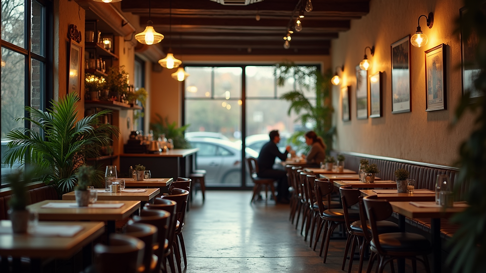 High angle view of an ambient café setting with soft lighting