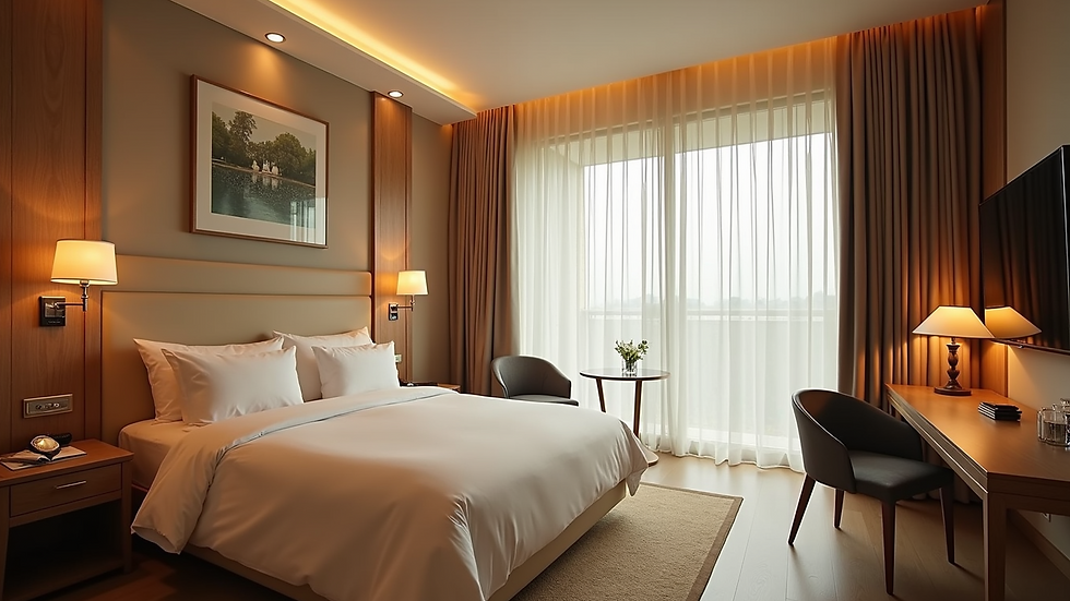 High angle view of a hotel room showcasing a unique interior design