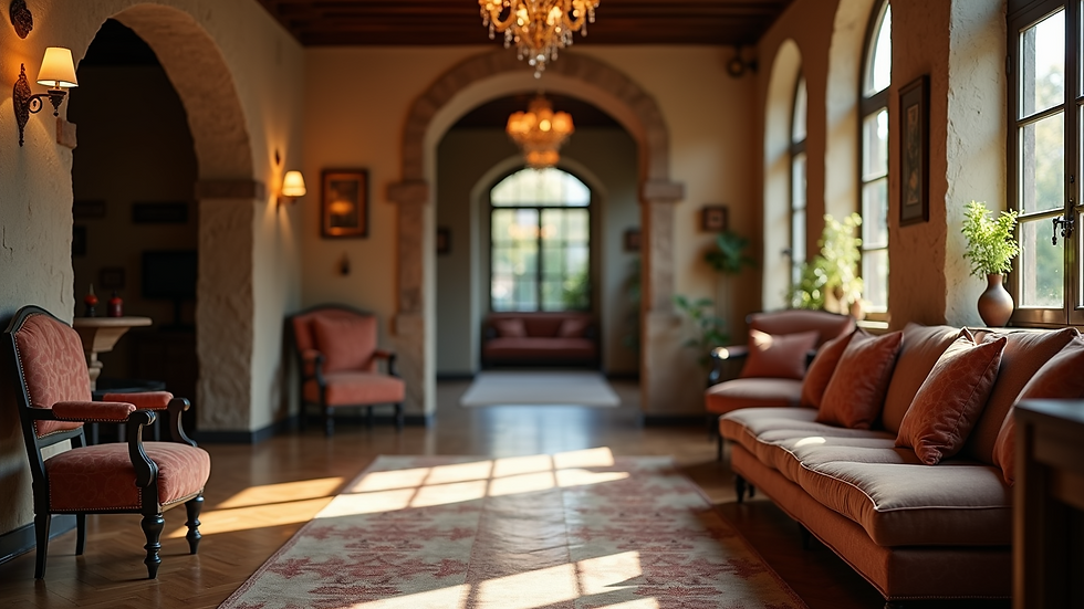 Close-up view of a cozy hotel lobby with rustic decor
