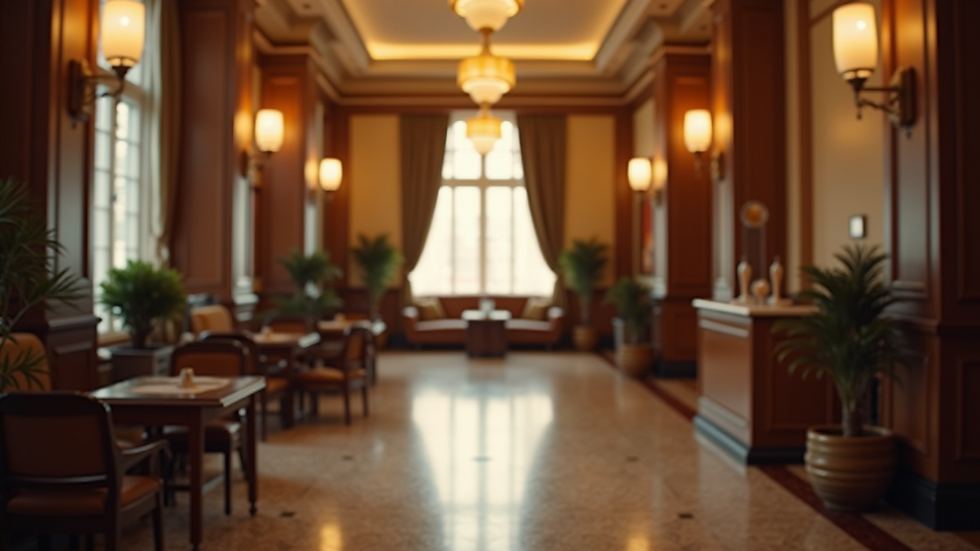 Eye-level view of a cozy hotel lobby with warm lighting