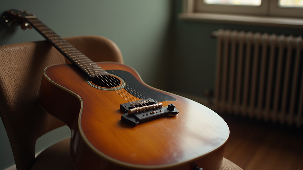 Close-up view of a vintage guitar resting on a chair
