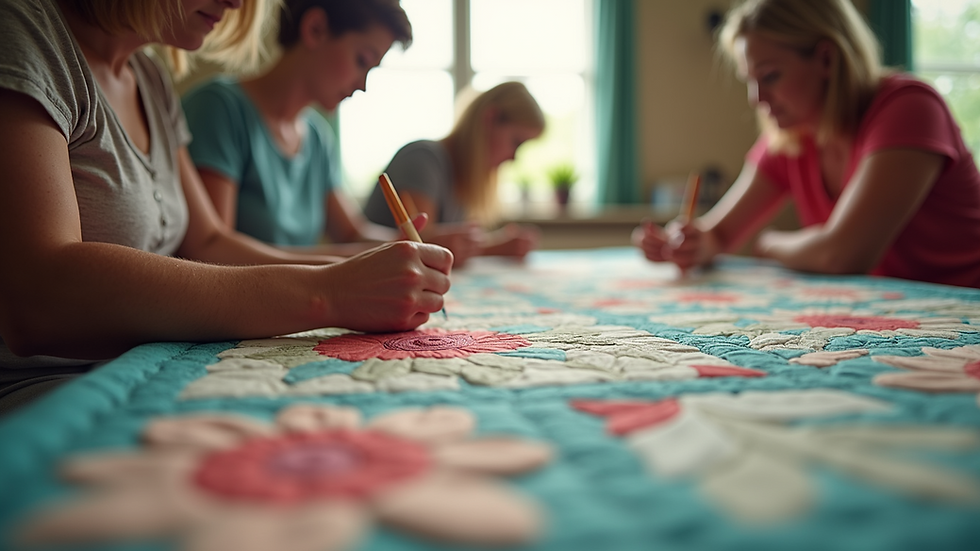 Eye-level view of a quilting class in session with participants working on their projects