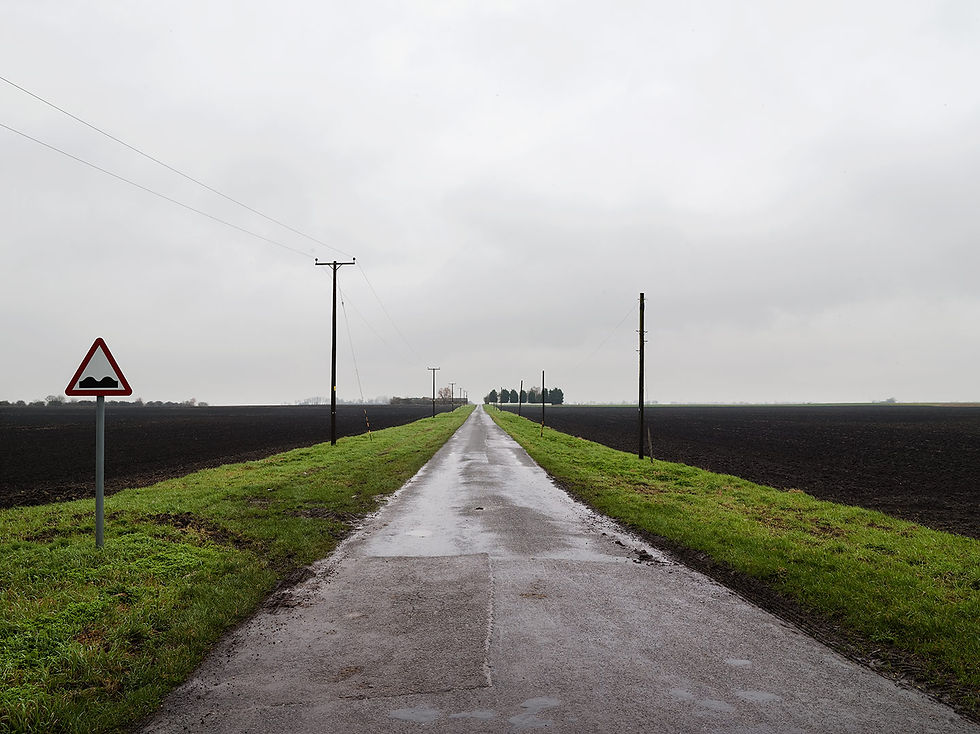 A landscape photograph of a road with power lines and a sky in the background. The foreground is green and misty