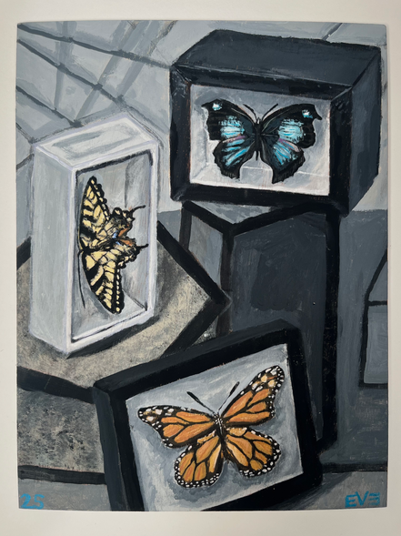 Prompt: Depict an arrangement of objects as exceptions to their surroundings.


In the form of a classic observational still life, I decided to arrange butterflies enclosed in their respective boxes and depict them in a way so that they are clearly exceptions to their surroundings. These colorful, organic, beautiful butterflies are trapped in sharp, rigid, geometric boxes and everything that surrounds them matches their displayed prisons. The innate, evolutionary purpose of a butterfly is to flutter freely and migrate, but the boxes render them unable, and force them into an environment that they visually and clearly don’t belong in.