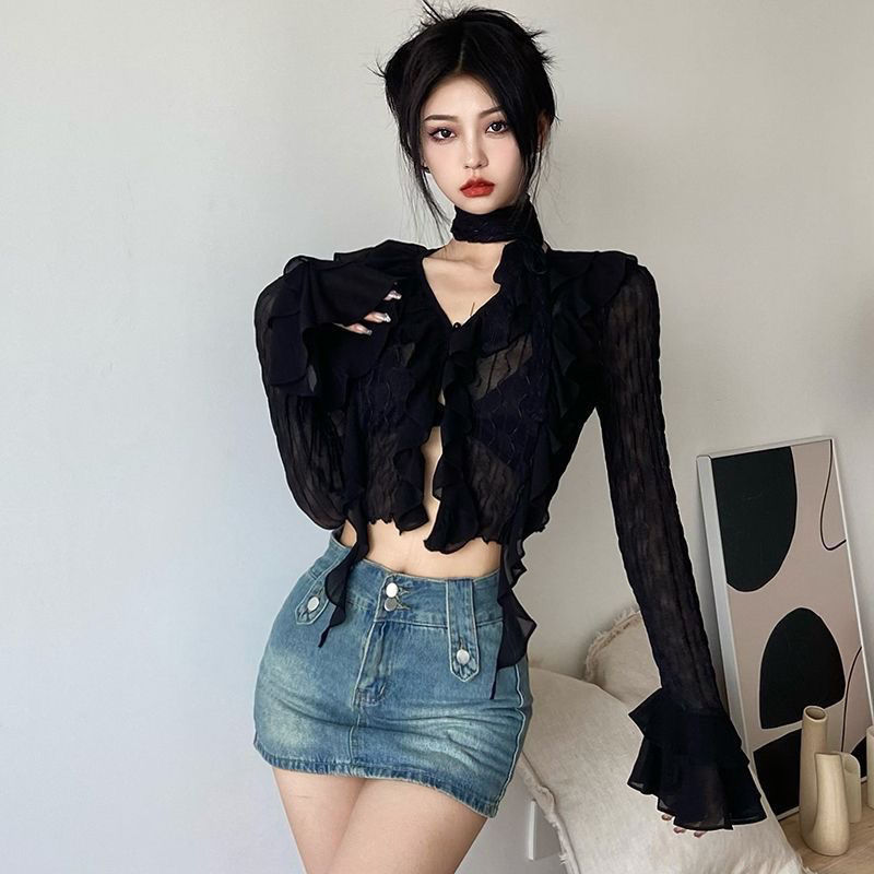 Thumbnail: Floral Shirt, Layering Top, High Neck Lace Blouse