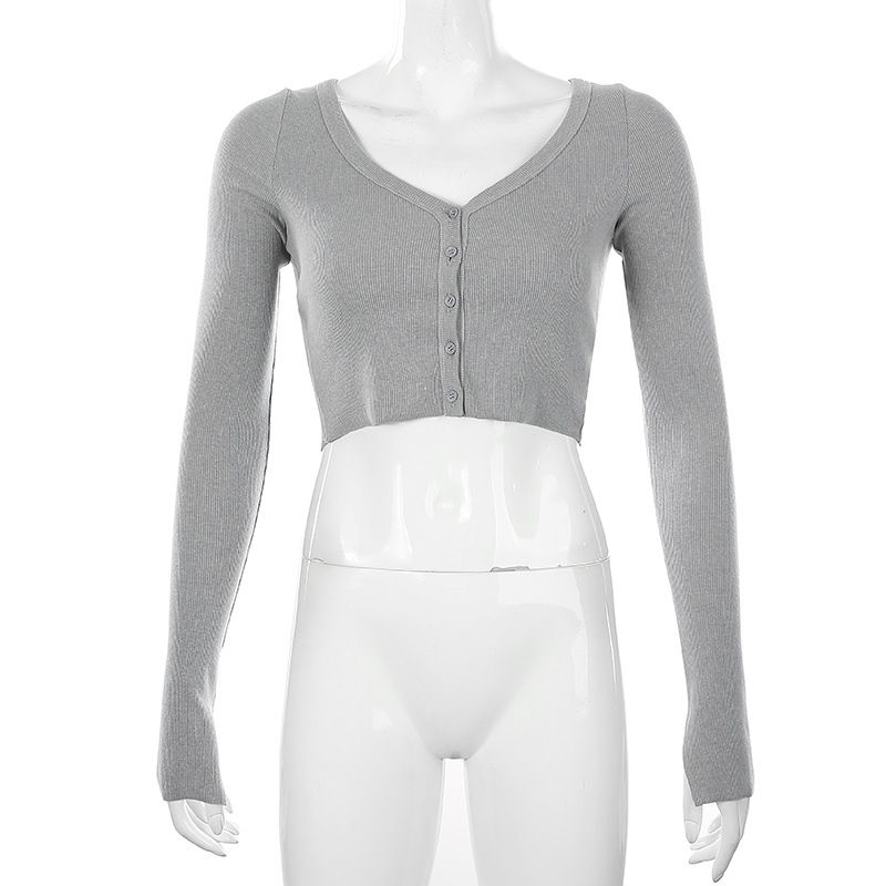 Thumbnail: Knit Cardigan Crop Top Shirt and Blouse