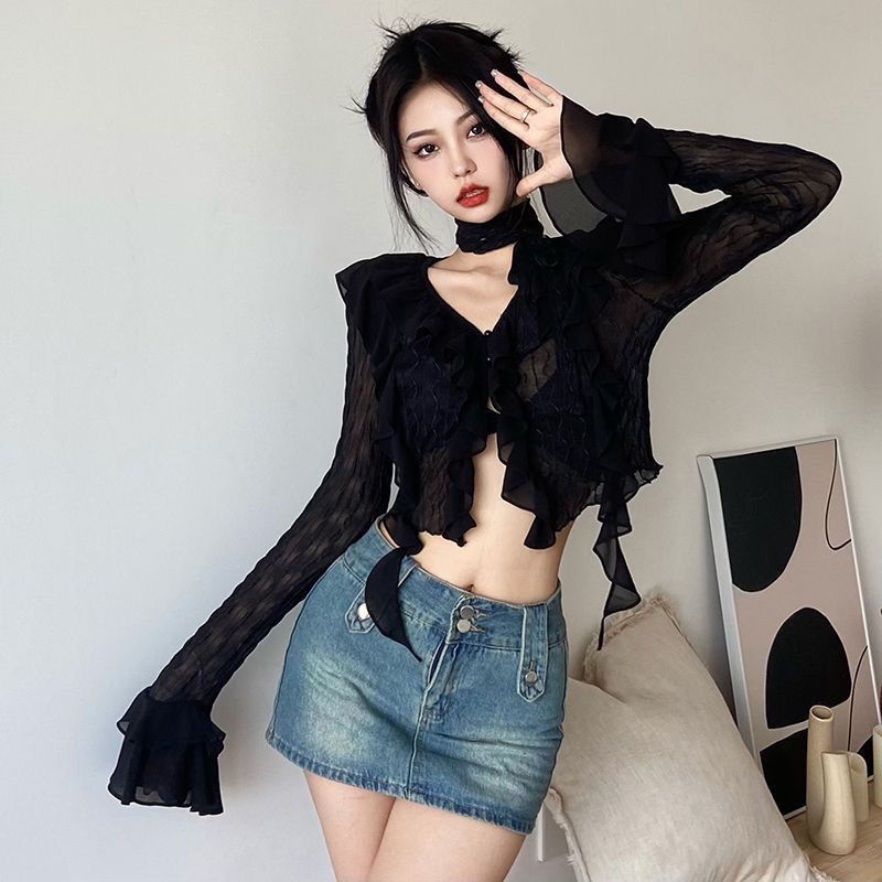Thumbnail: Floral Shirt, Layering Top, High Neck Lace Blouse