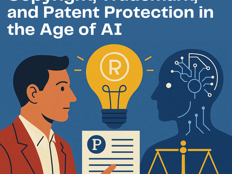 llustration of a human and AI figure with lightbulb, patent document, and legal scales, representing AI-assisted inventions and patent law.