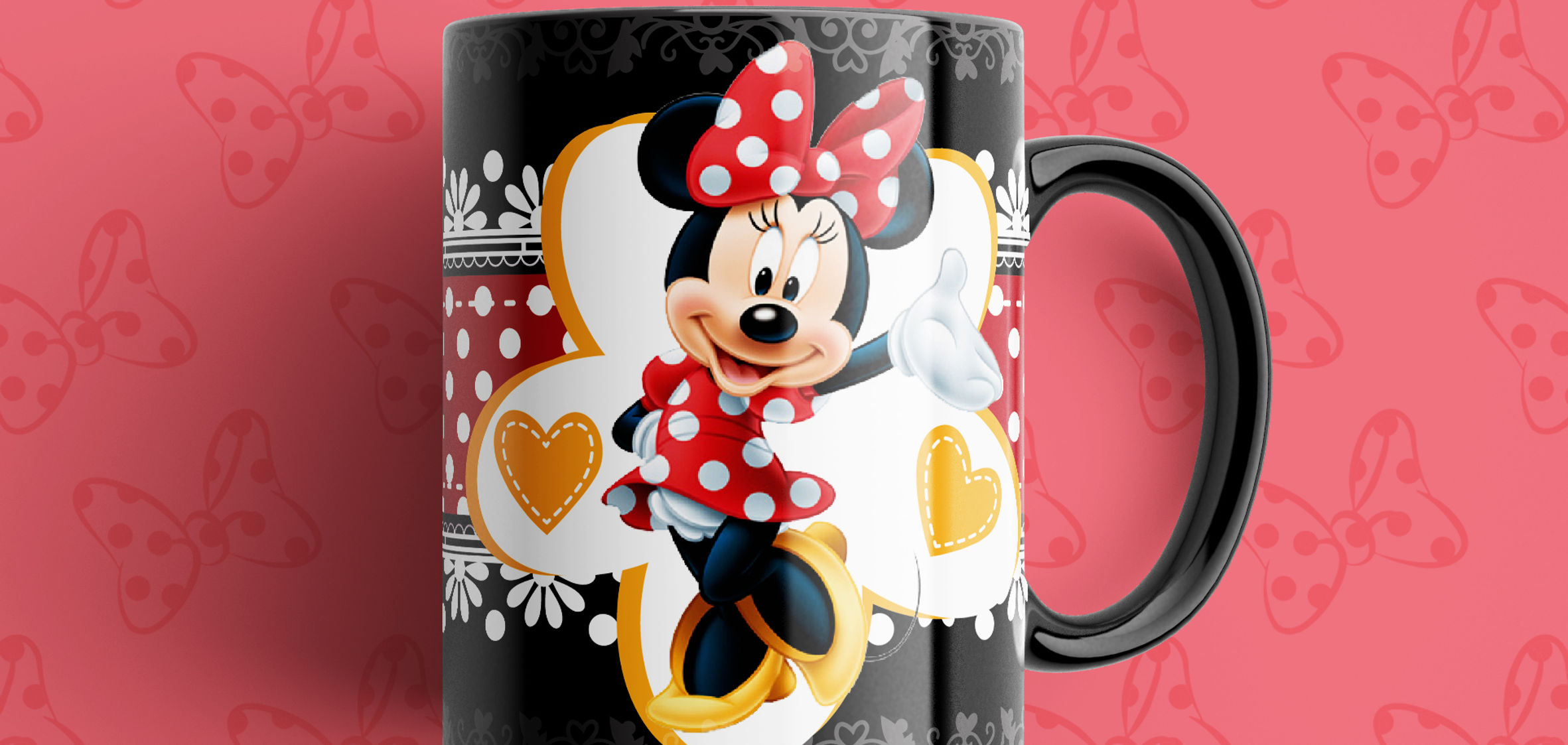 Minnie Mouse mug, black with red polka dots