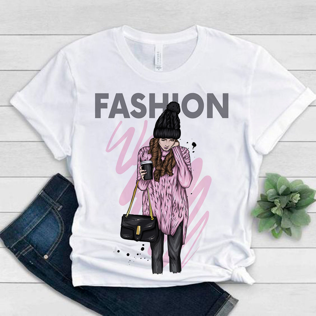 Stylish woman graphic tee, "FASHION" text
