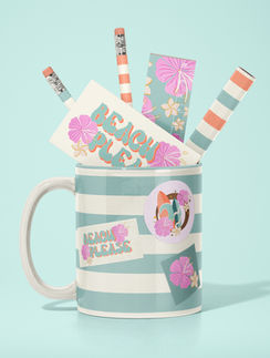 Beach n Surf back to school kit with a turquoise stripes mugs, stickers and pencils