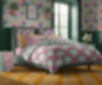 Cottagecore bedroom featuring patterns from the Home Cyn Home Maharani's summer garden collection