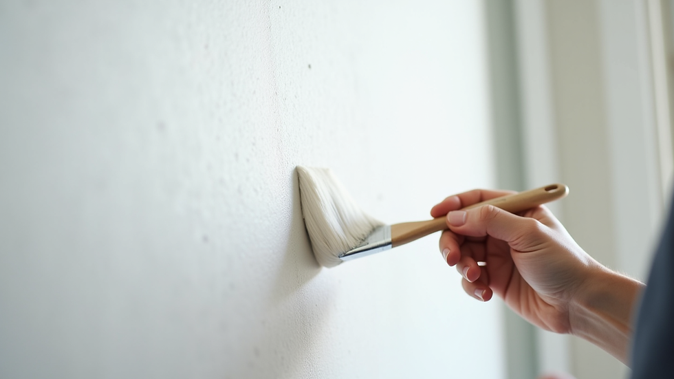 Close-up view of a painter applying smooth white paint on a wall with a brush