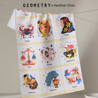 12 zodiac signs illustration, tea towel home decor artist brand collaboration