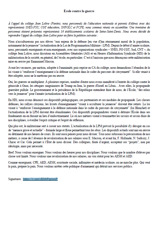 Les personnels veulent enseigner, pas endoctriner ! Avez-vous signé l'appel "École contre la guerre?"