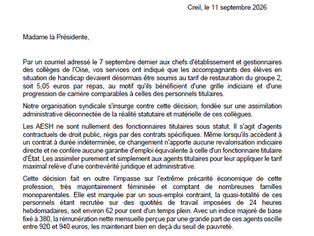 Augmentation de 50% du tarif de la restauration pour les AESH de l'Oise : la FNEC FP-FO Oise intervient auprès du Conseil Départemental
