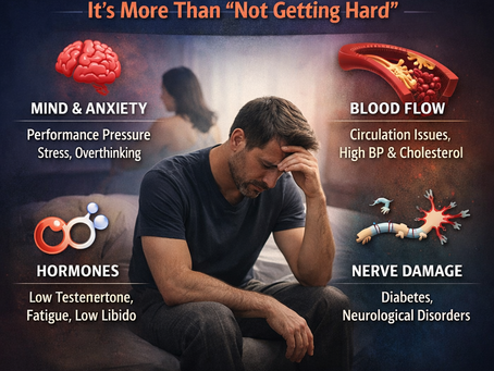 Erectile dysfunction causes including psychological stress, blood flow issues, hormones, and nerve damage