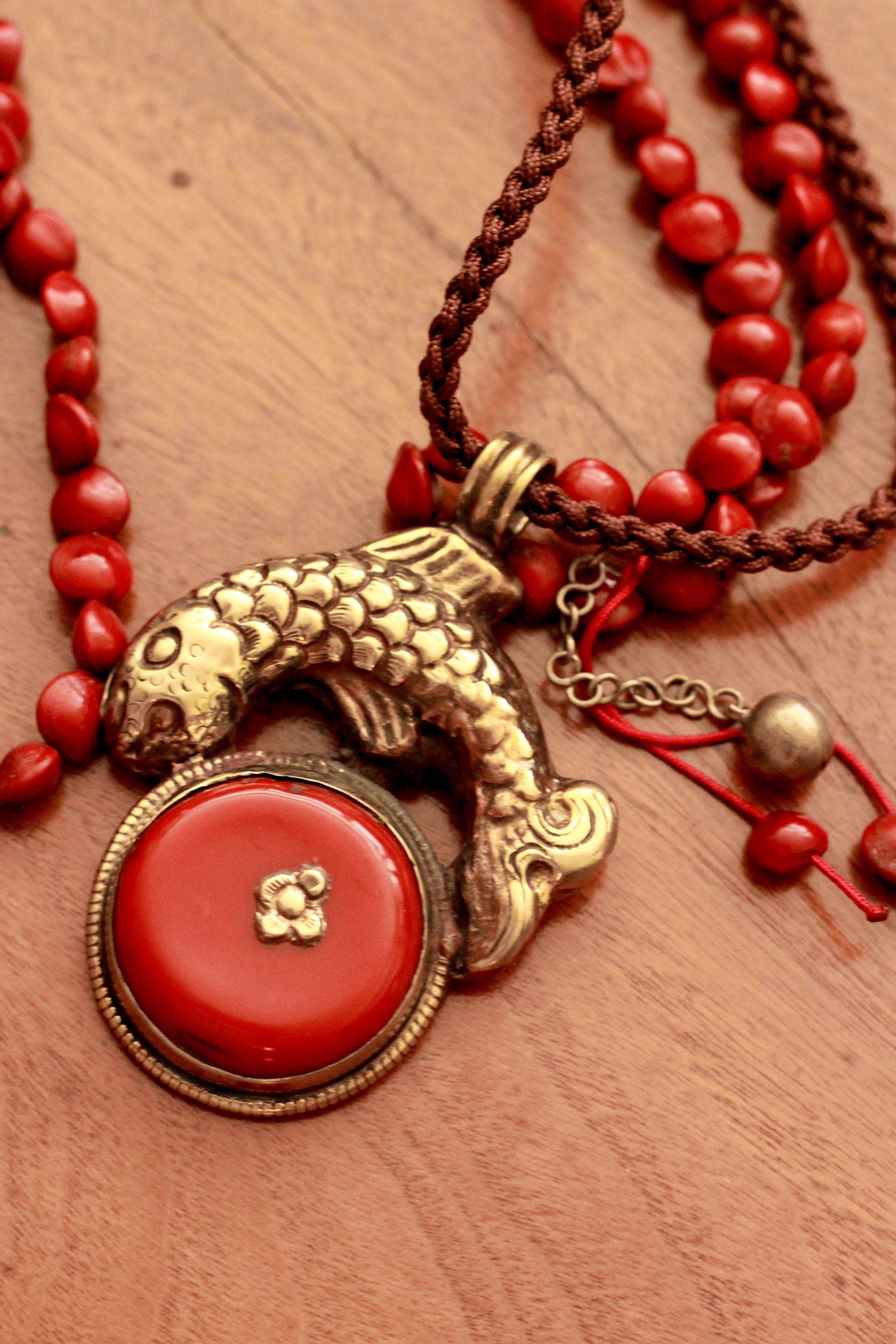 Silver Fish with Coral Pendant Necklace