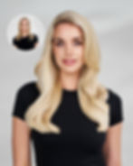 Blonde woman in a black top smiles in front of a gray background. Inset shows her in the same outfit with natural expression.