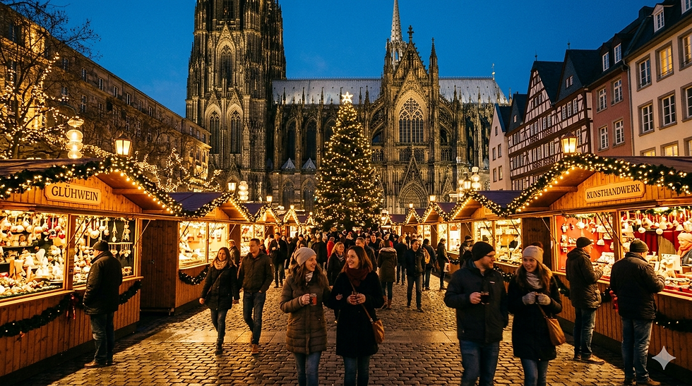 Festive German Christmas market at night with illuminated wooden stalls, a central Christmas tree, people enjoying drinks, and a historic cathedral rising behind the marketplace.