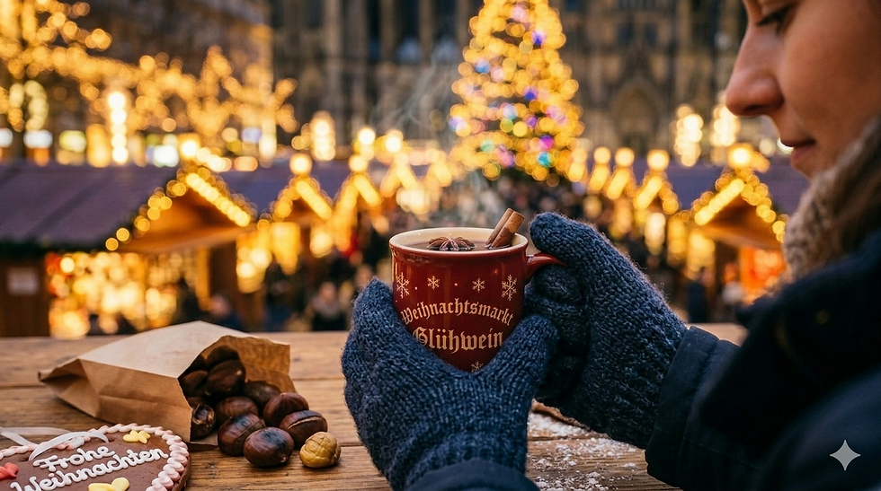 Person holding a mug of hot mulled wine at a German Christmas market with glowing wooden stalls and festive holiday lights in the background.
