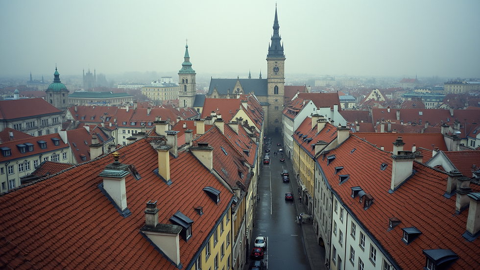 High angle view of a European cityscape with historic buildings