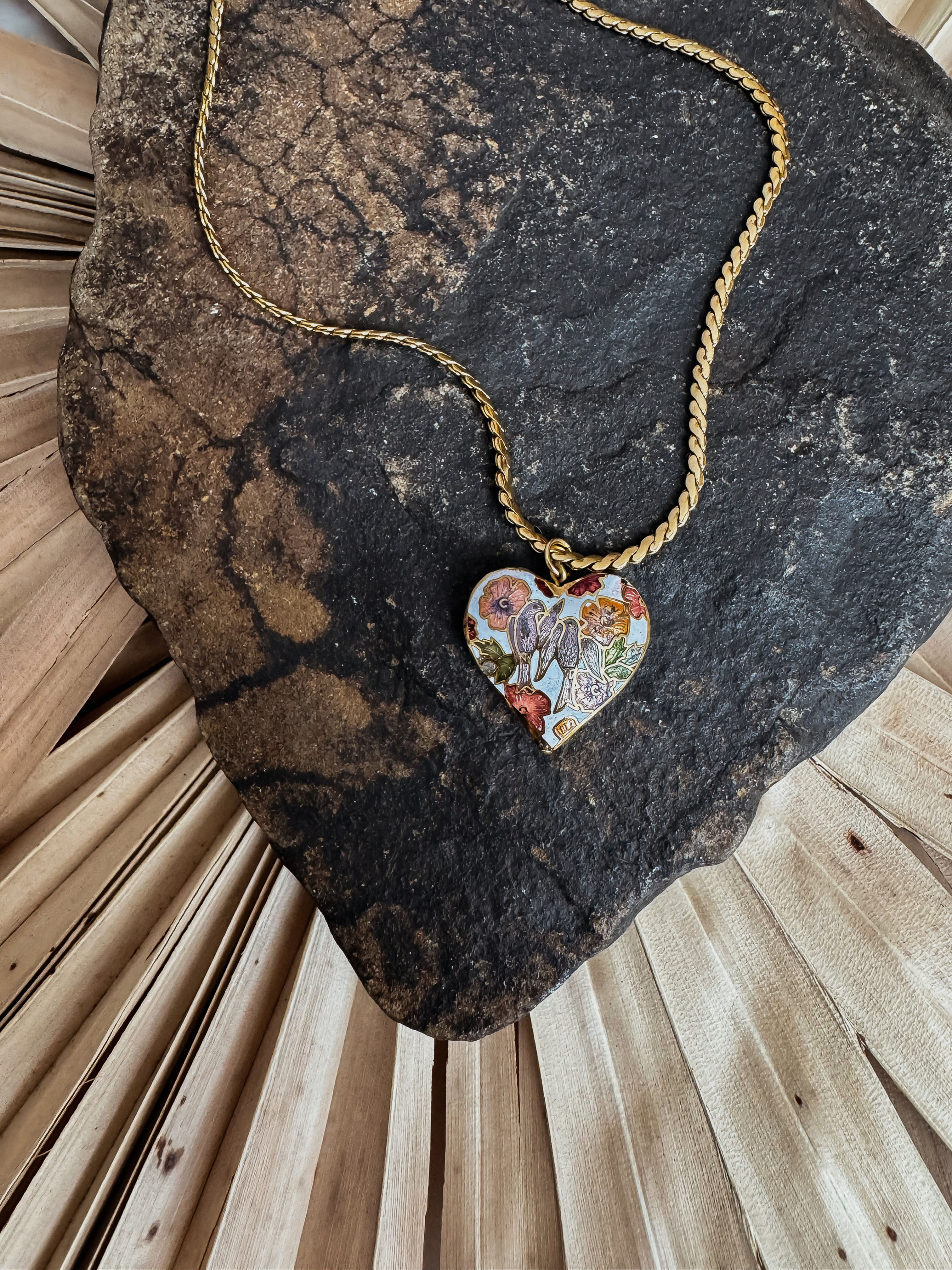 Vintage Cloisonné Dove Heart Pendant Necklace