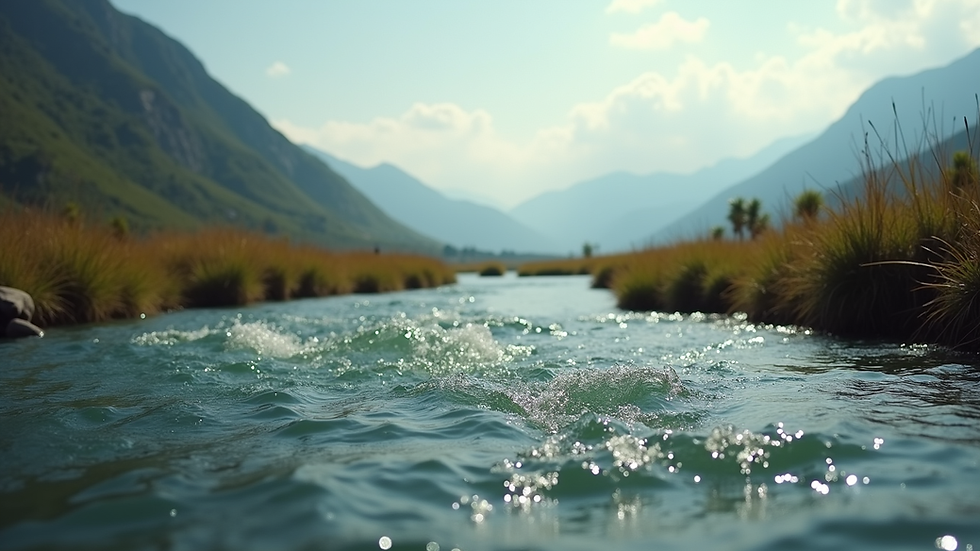 Eye-level view of a serene landscape with a flowing river