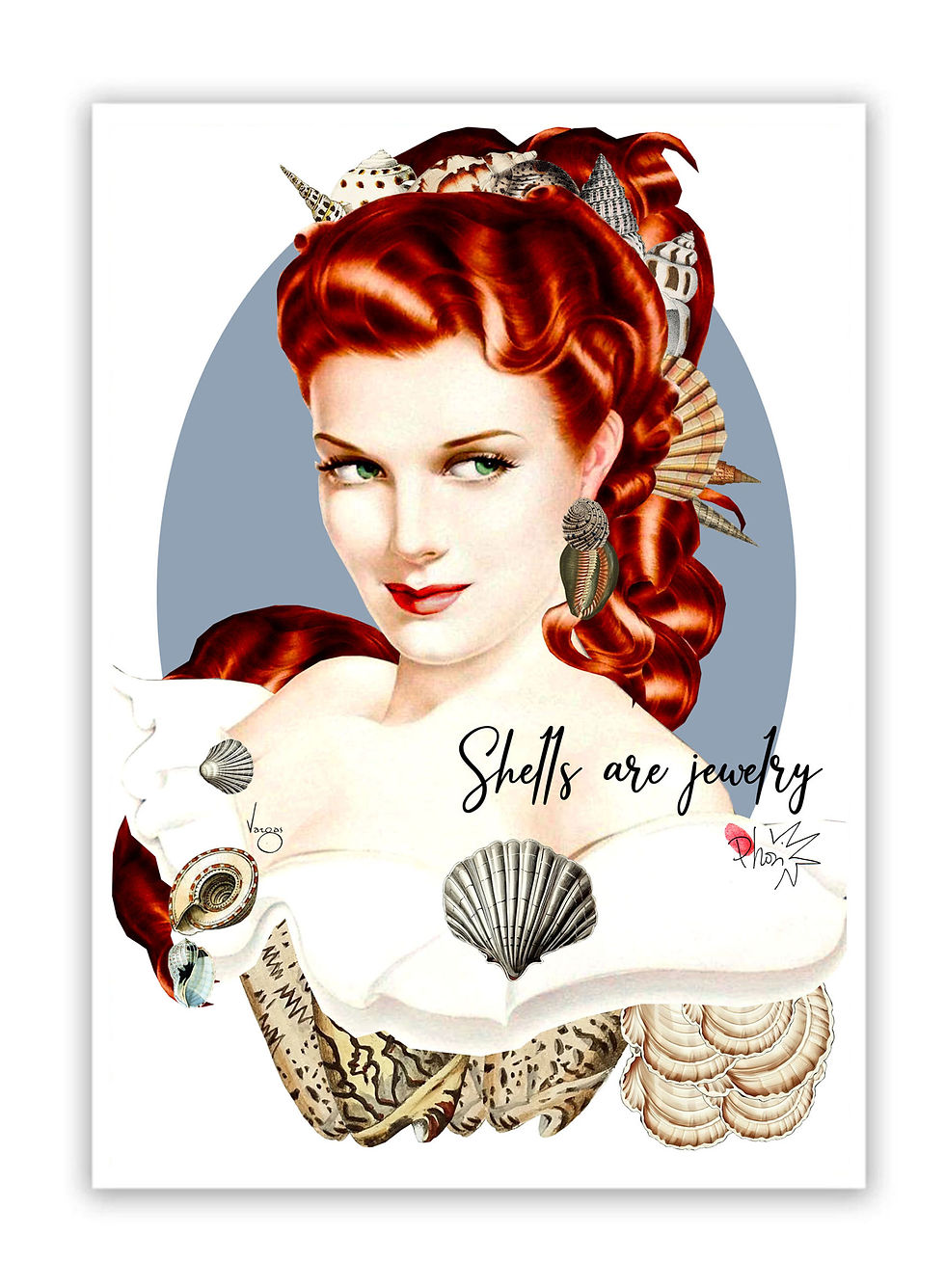 Belle rousse parée de coquillages portrait rétro de Phosi à partir d'une peinture de Vargas