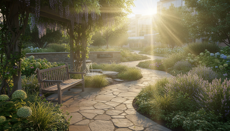 Wide-angle view of a quiet hospital garden path with a bench.