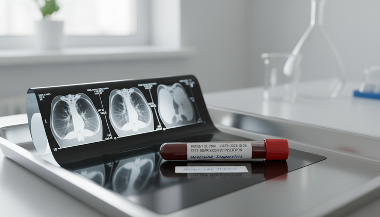 Eye-level view of a lung scan beside a labelled blood sample.