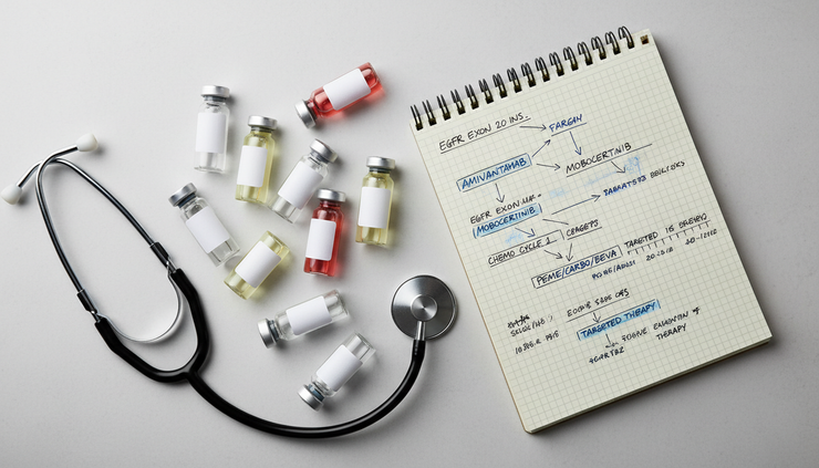 Overhead view of labelled medication vials arranged beside a notebook.