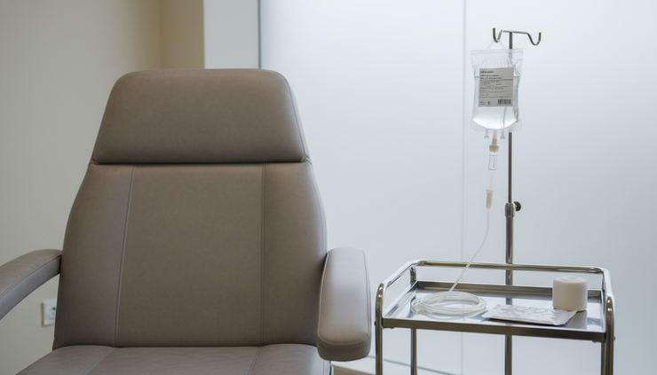 Close-up view of an infusion chair beside a small treatment tray.