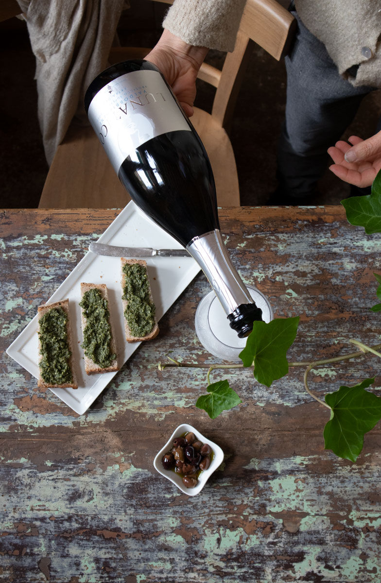 Grape Leaves Pesto, Prosecco, and Books at sullaluna | vegetarian eatery Venice Italy
