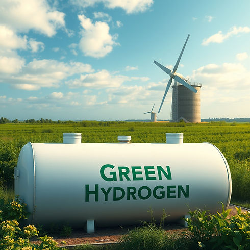 a tank that says _Green Hydrogen_ surrounded by a windmill and greenery. make the tank sma