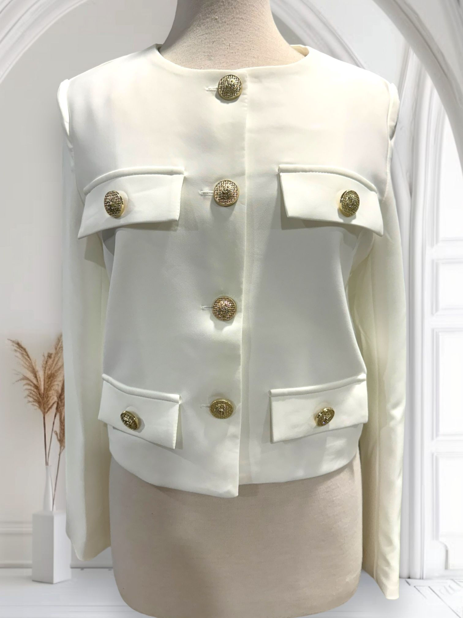 Solid Collarless Button Down Crop Jacket