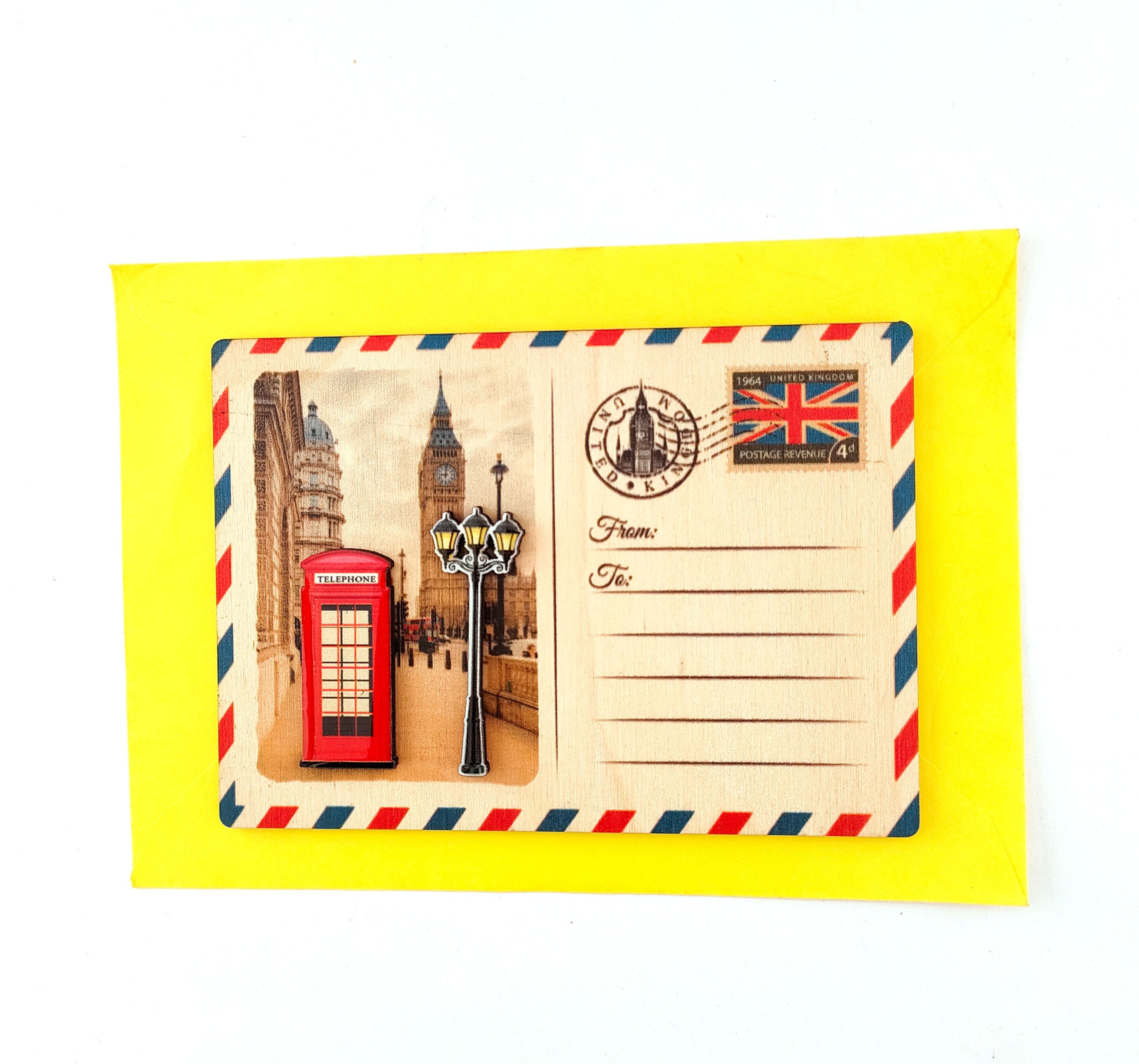 Wooden Postcard/UK/ London/ Red Telephone Box