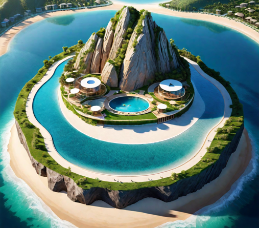 show a part of a mountain on top with Oval shape Luxury artificial island round with wat