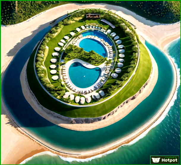 Oval shape Luxury artificial island on the  hill  of a mountain around with grass , sand b