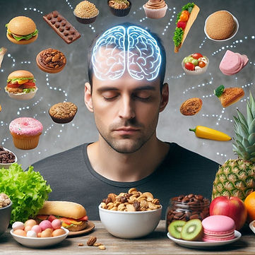 Um homem cercado de vários tipos de alimentos