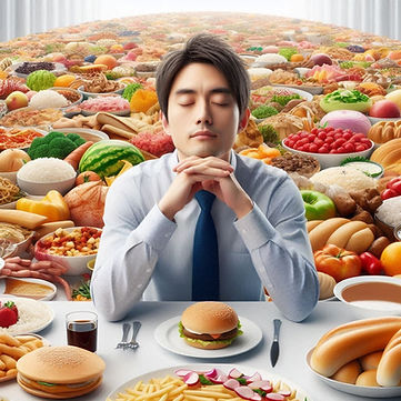 Um homem pensando nos alimentos que ira comer