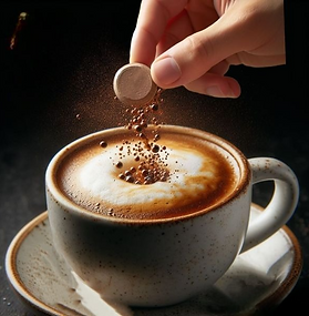 Uma xicara de café com um comprimido de Neuro Coffee
