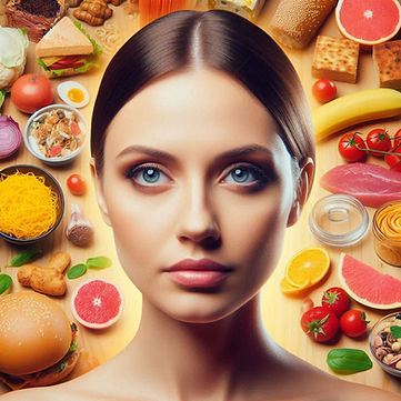 Uma mulher cercada de vários tipos de alimentos